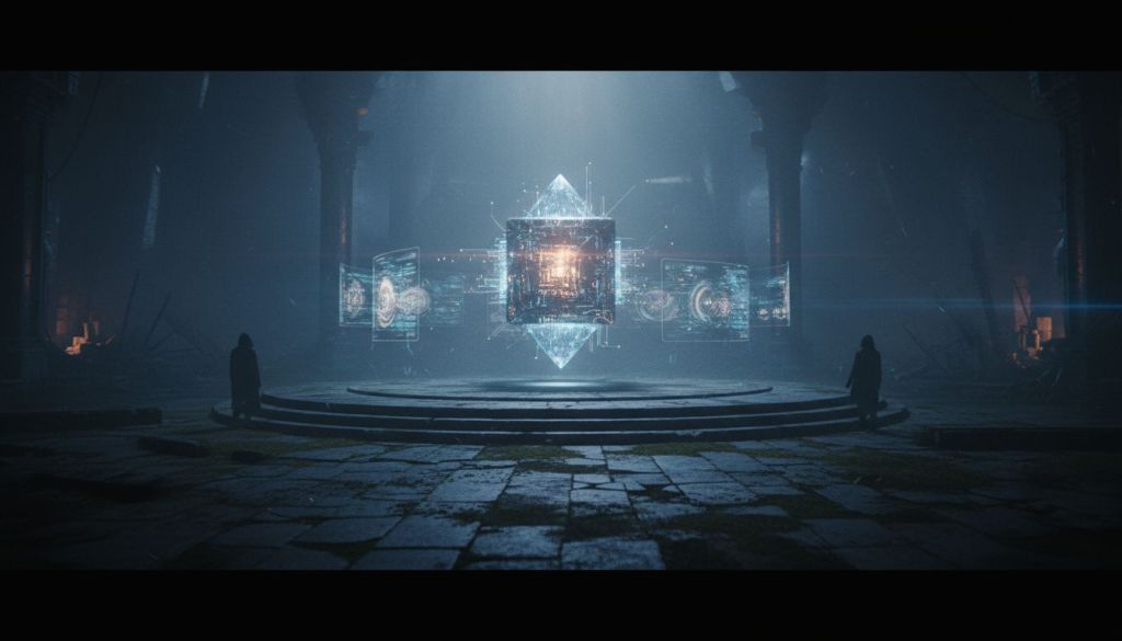 A glowing futuristic cube with holographic screens floats in a dark ancient stone temple, watched by two silhouetted figures
