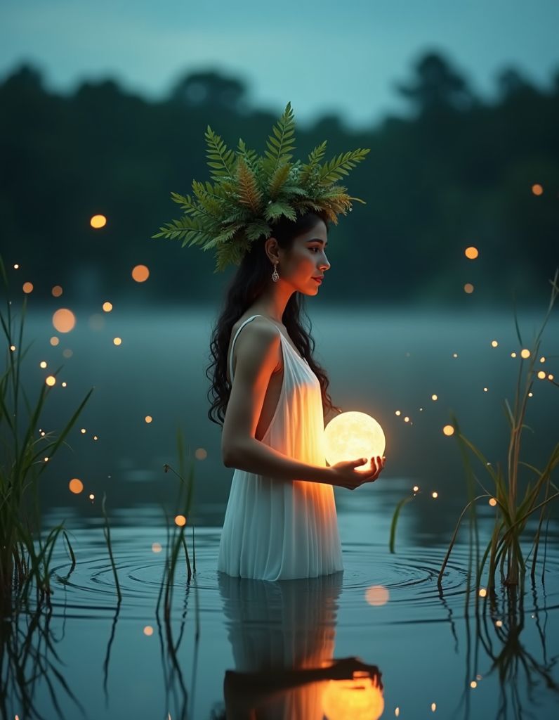 A profile view of a woman in a white dress and fern crown standing in a lake at twilight, holding a glowing moon orb