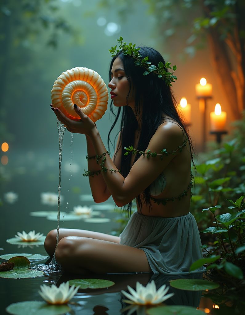 A woman with vines in her hair sits in a pond holding a glowing shell, surrounded by floating lotus flowers and candles