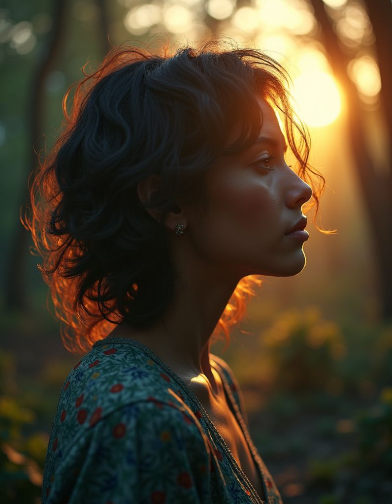 Profile of a woman with dark curly hair backlit by a golden sunset in a forest, creating a glowing rim light effect around her silhouette