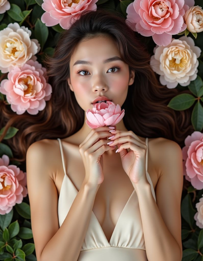 Top-down view of a woman with long dark hair lying in a bed of pink and cream peonies, holding a flower near her lips