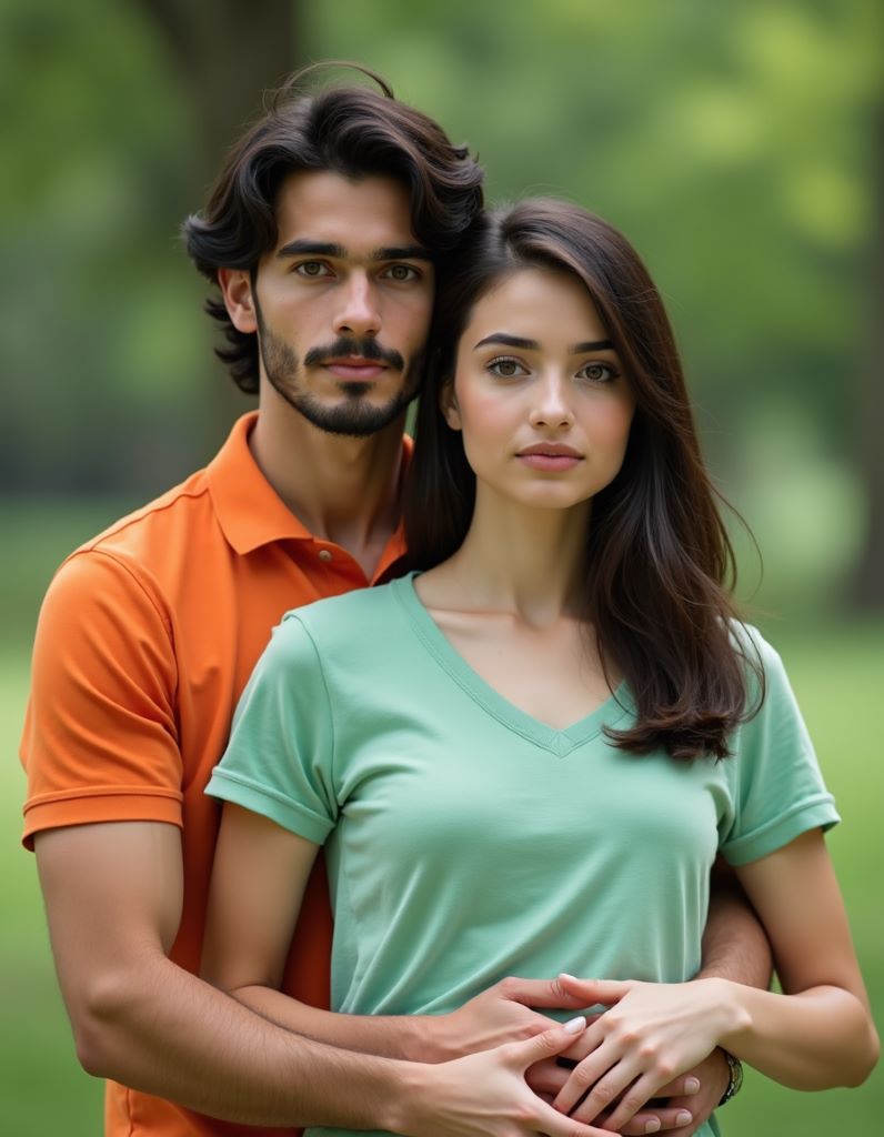 A man in an orange polo hugs a woman in a mint green tee from behind in a park