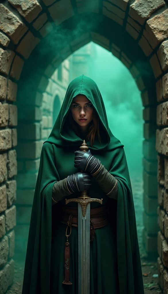 A mysterious woman in a dark hooded cloak holding a sword vertically in front of her face, standing in a dimly lit stone castle corridor with green atmospheric lighting