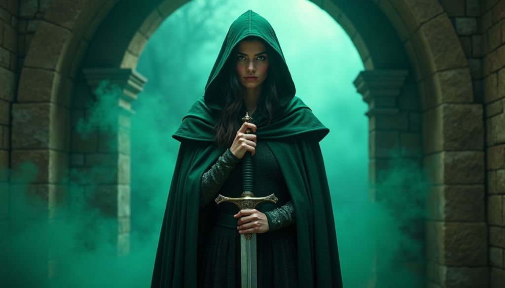 A mysterious woman in a dark hooded cloak holding a sword vertically in front of her face, standing in a dimly lit stone castle corridor with green atmospheric lighting.
