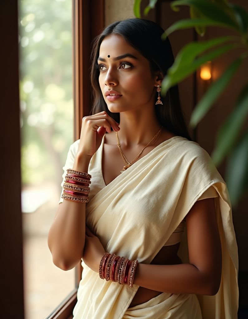A young woman with long dark hair wearing a cream saree and red bangles looking out a window.