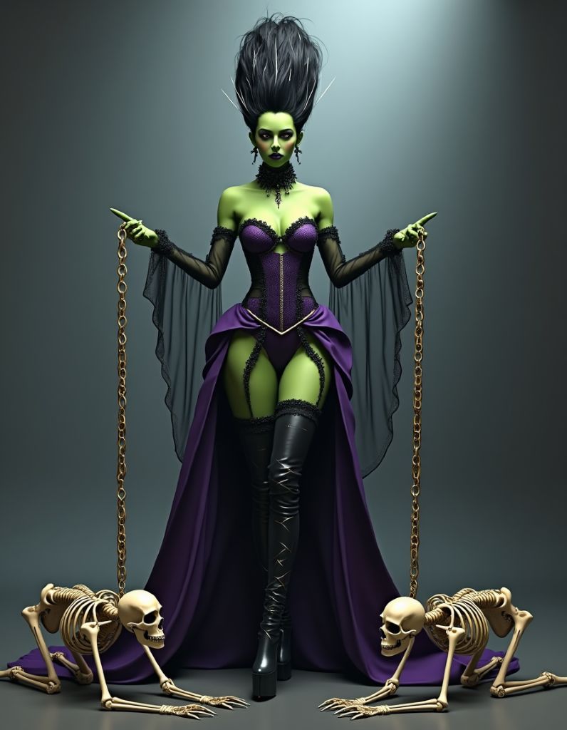 A digital artwork of a green-skinned woman resembling the Bride of Frankenstein, wearing a black and purple gothic outfit, holding chains attached to two crawling skeletons on a dark grey background.