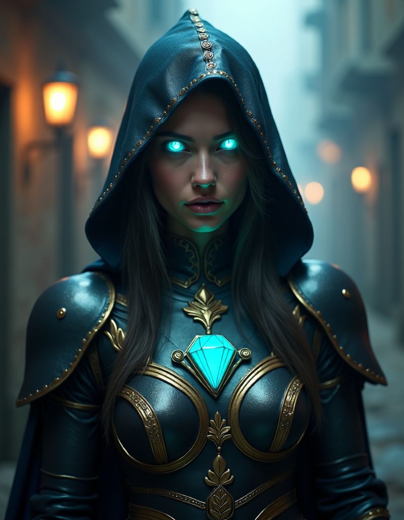 A hooded dark fantasy female warrior in ornate armor with bright glowing blue eyes and a glowing blue chest amulet