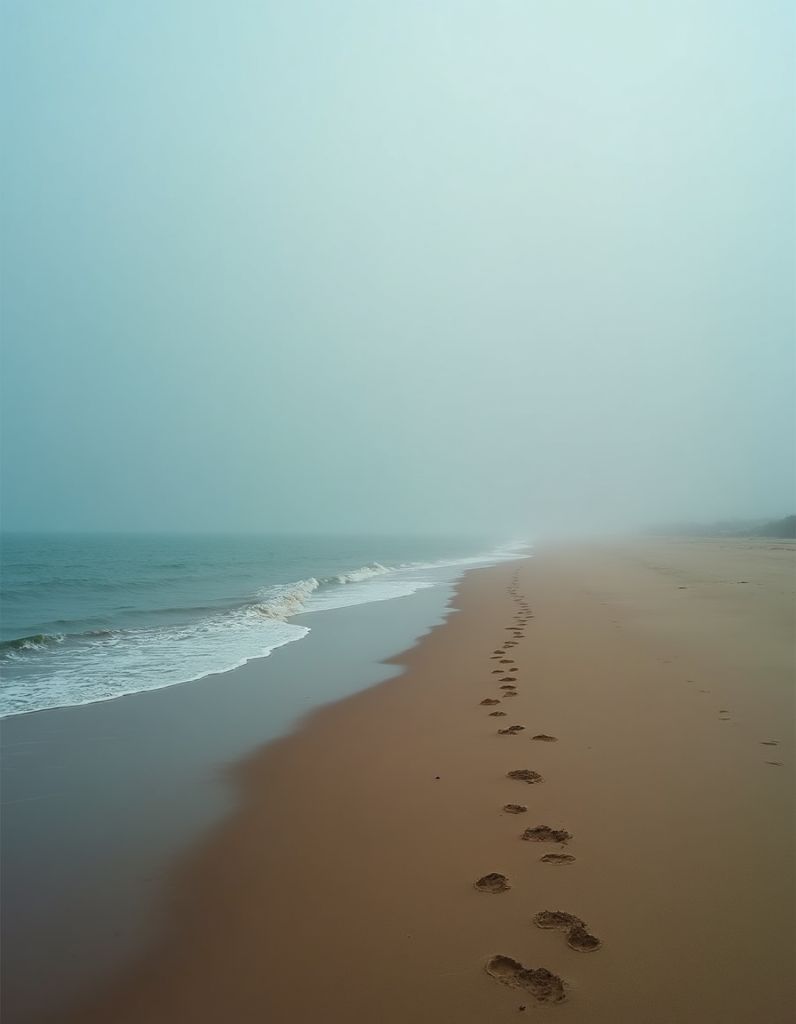 A line of footprints in the sand on a foggy beach leading towards the horizon