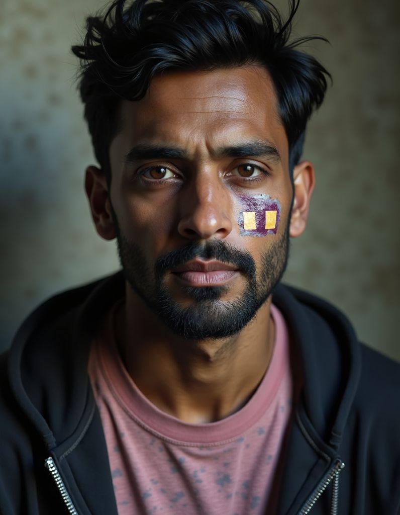 Close-up of a man's face with a split lip, bruise, and bandages on his cheek, looking distressed