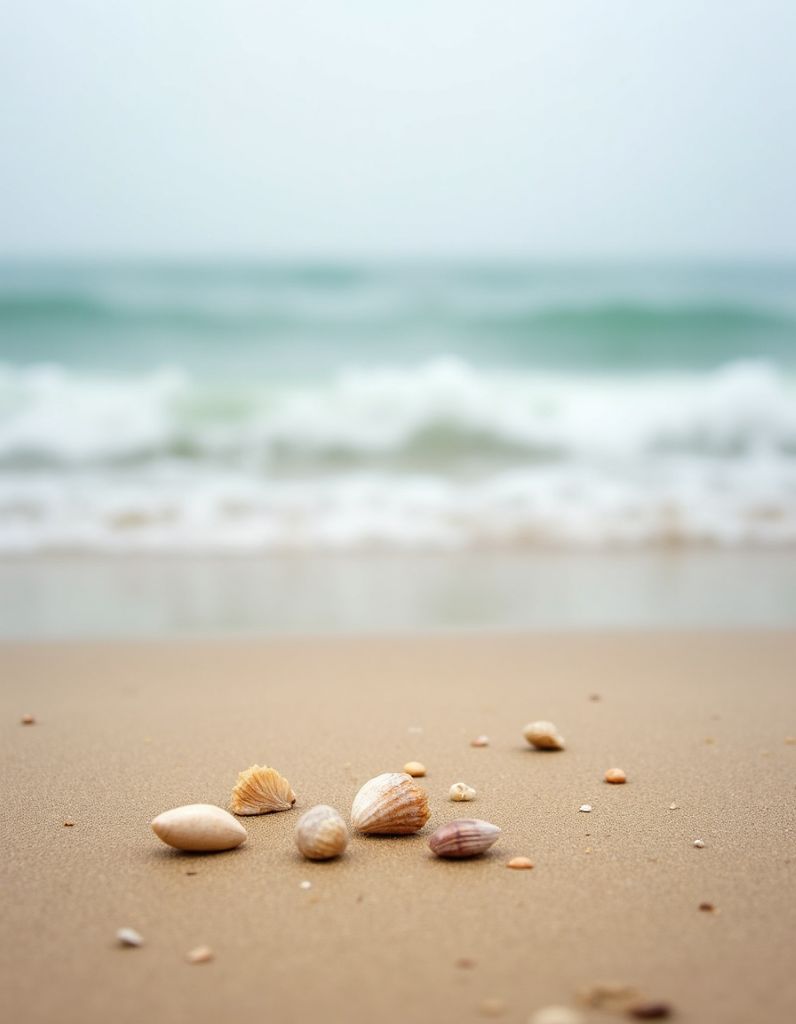 Close-up of small seashells on a sandy beach with blurred ocean waves in the background