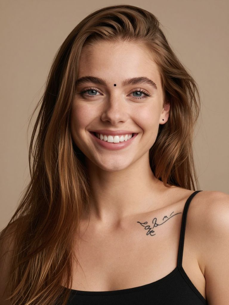Close-up portrait of a smiling young woman with long brown hair, blue eyes, and a delicate collarbone tattoo against a beige background