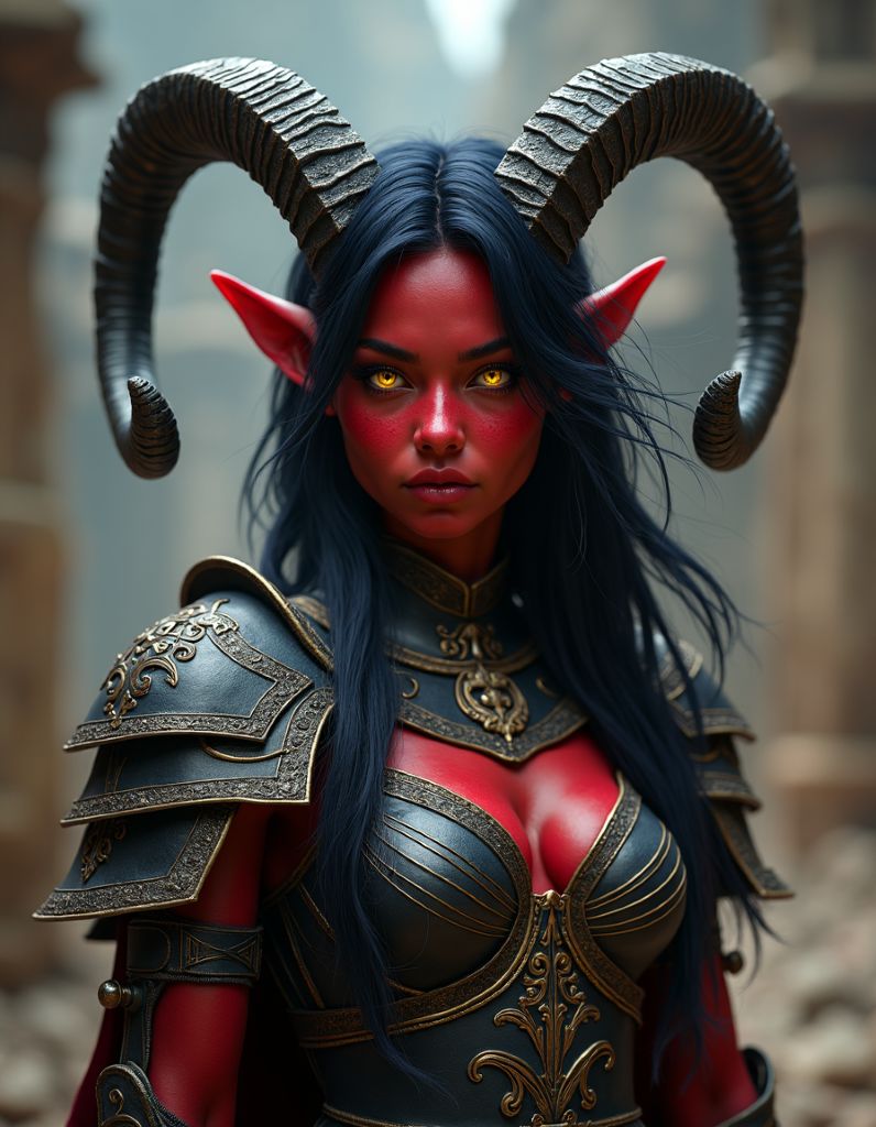 Digital fantasy portrait of a female warrior with red skin, large curved black horns, and glowing yellow eyes wearing black and gold armor in a stone ruin setting