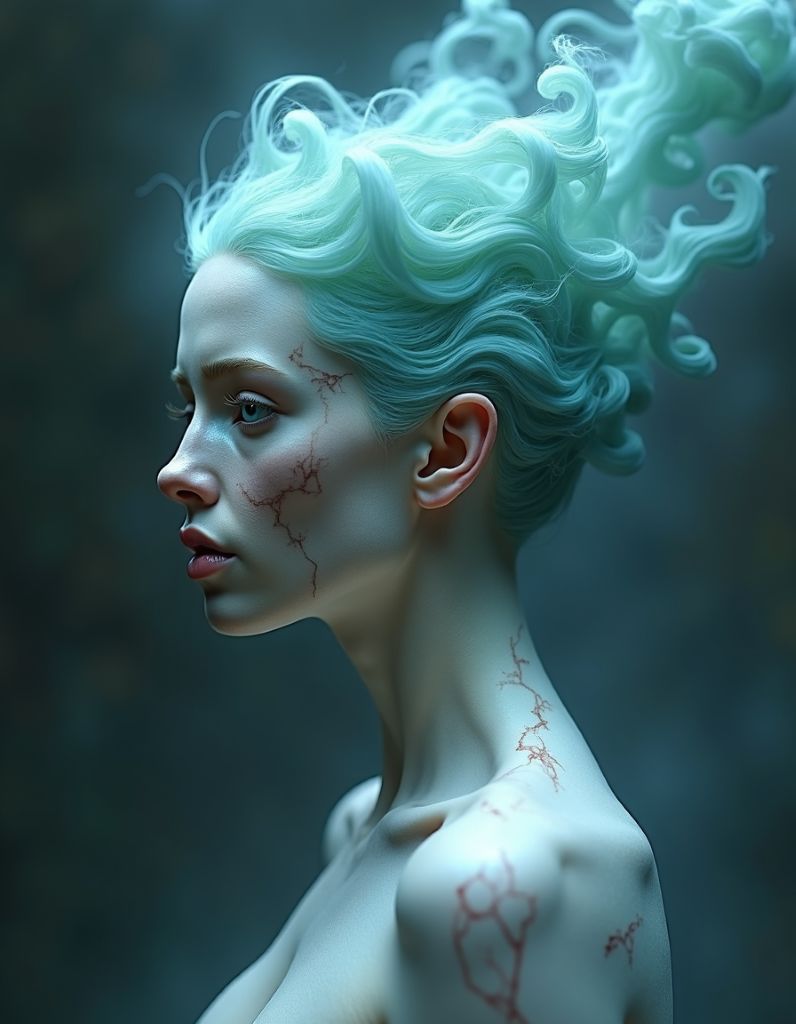 Digital fantasy portrait of a woman in profile with hair made of swirling blue smoke and pale skin with reddish veins