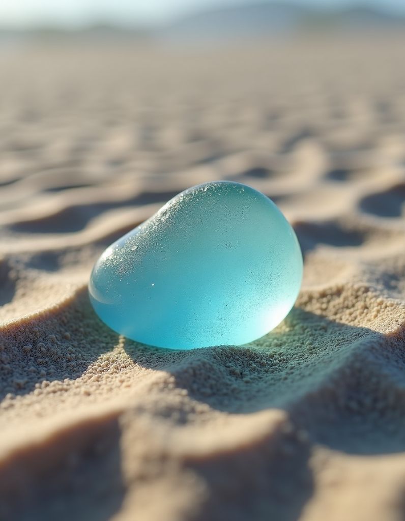 Macro photo of a smooth, translucent light blue sea glass stone glowing in the sunlight on rippled beach sand