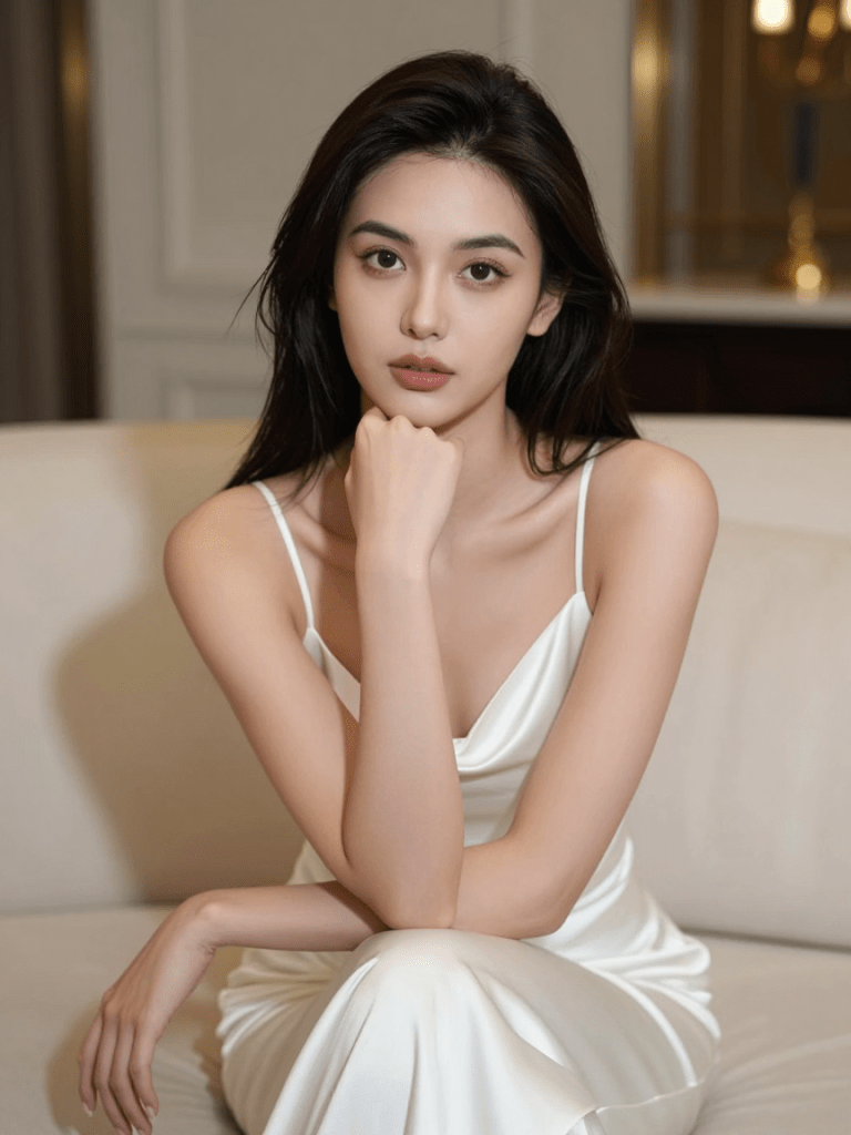 Medium portrait of a young beautiful Asian woman with long dark hair, wearing a white silk slip dress, sitting on a beige sofa and resting her chin on her hand