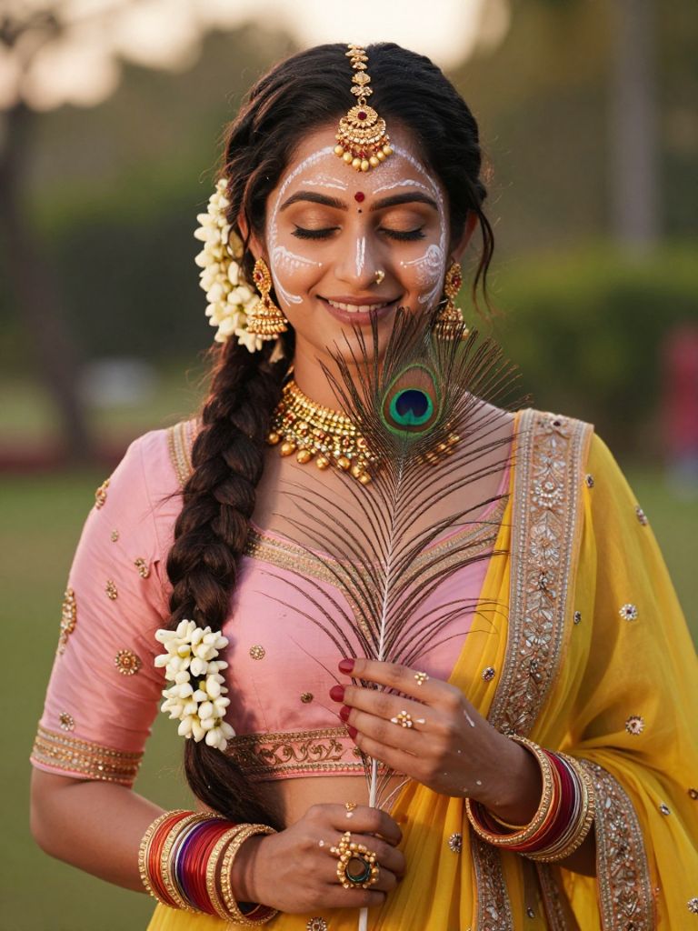 Smiling woman holding a peacock feather, wearing traditional pink and yellow clothing, gold jewelry, and white facial art outdoors
